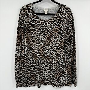 Chicos Leopard Print Scoop Neck Sweater Long Sleeve Button Cuff Tan Black Large